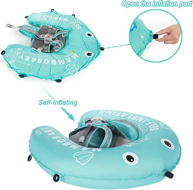 AnjeeIOT Mambobaby Float Self-Inflating Baby Pool Float Compressible Pool Swim Float Infant Soft Solid Swimming Trainer Baby Float with Removable UPF 50+ UV Sun Protection Canopy, Green - Image 2